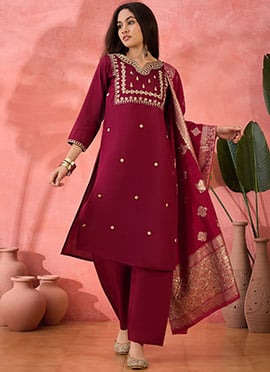 Maroon Roman Silk Embroidered Straight Pant Suit With Jacquard Dupatta