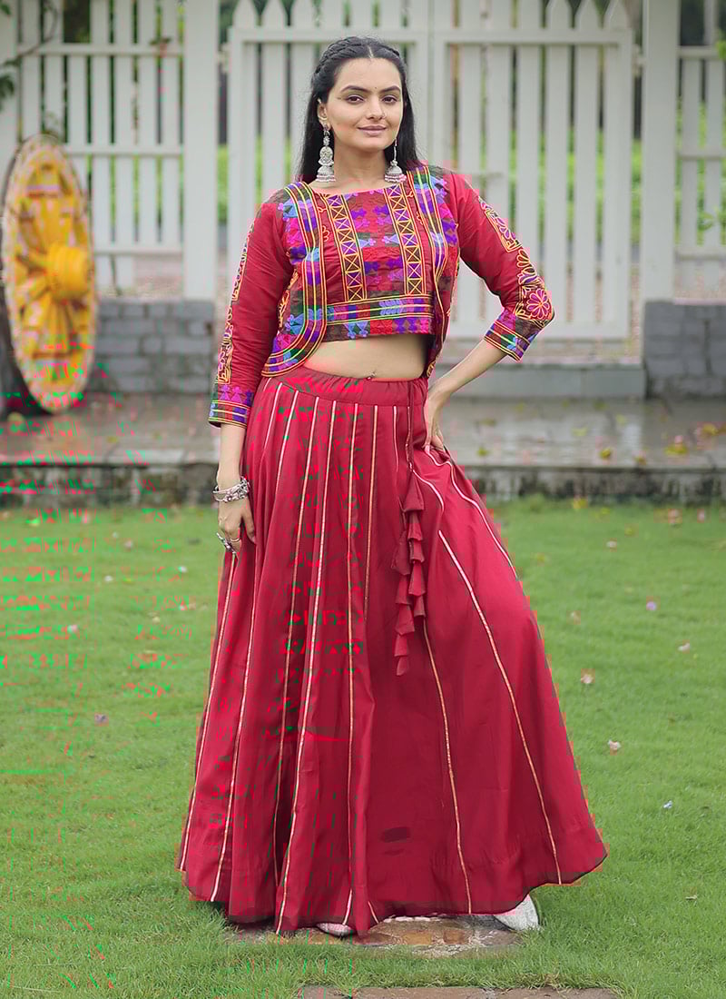 Maroon Roman Silk Gota Indowestern Jacket And Skirt Set Festive Wear