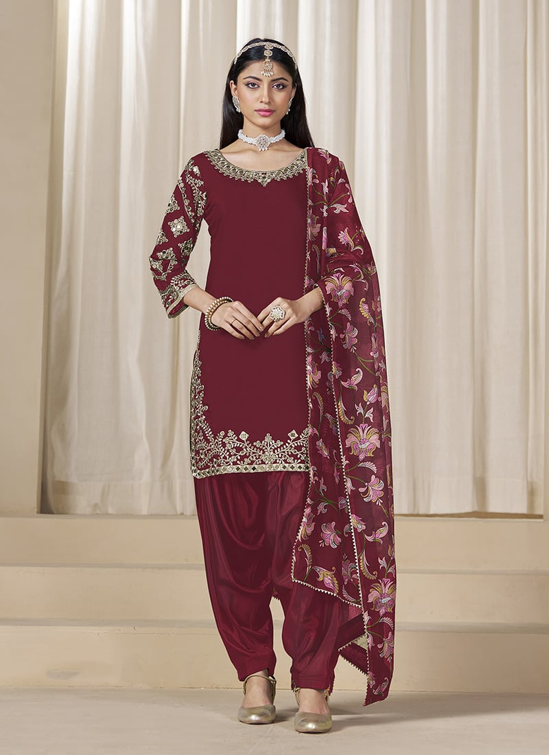 Maroon Roman Silk Zari Embroidered Mirror Work Salwar Suit