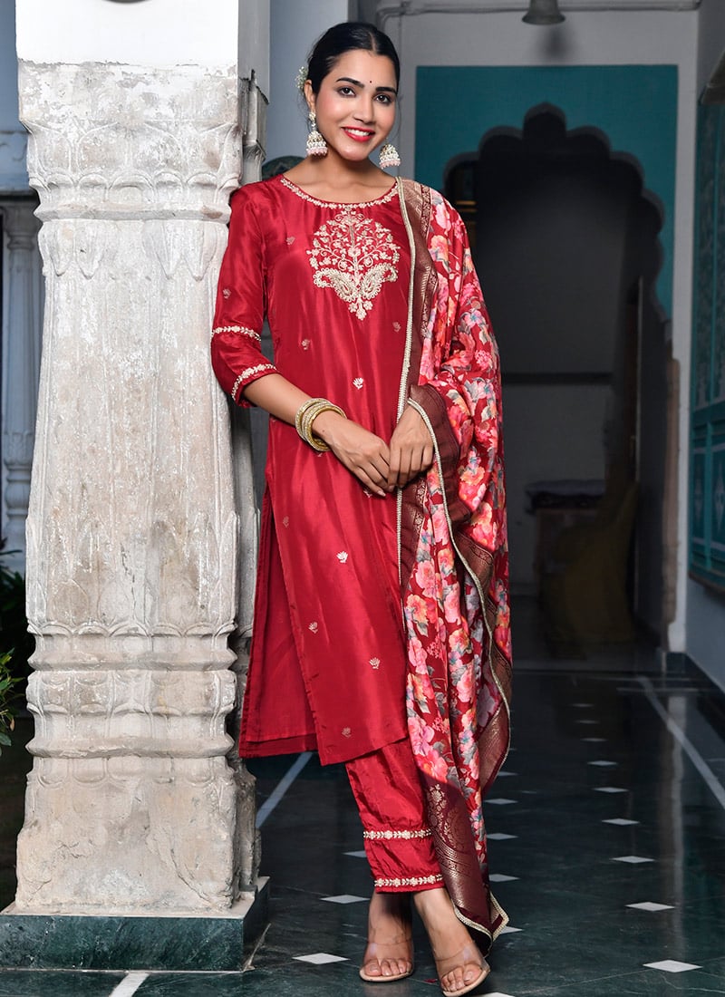 Maroon Russian Silk Embroidered Straight Pant Suit Festive Wear