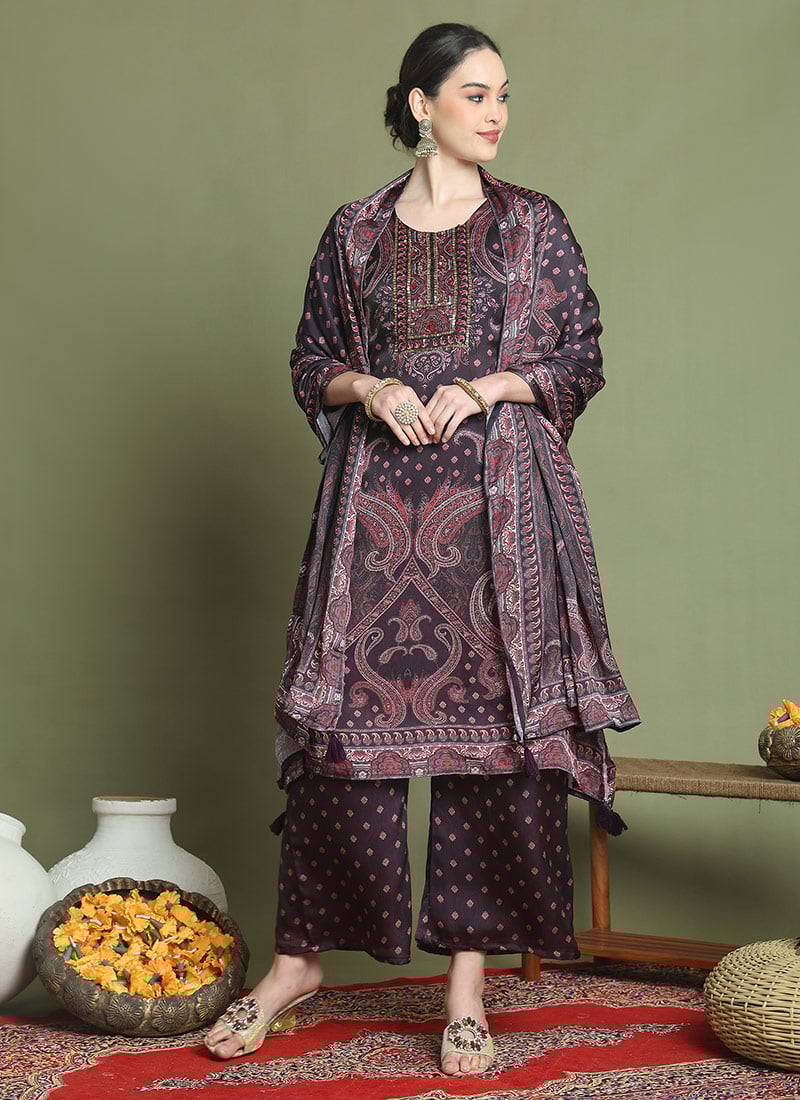 Maroon Satin Digital Print With Sequins Work Palazzo Suit Festive Wear-SLSSL5175