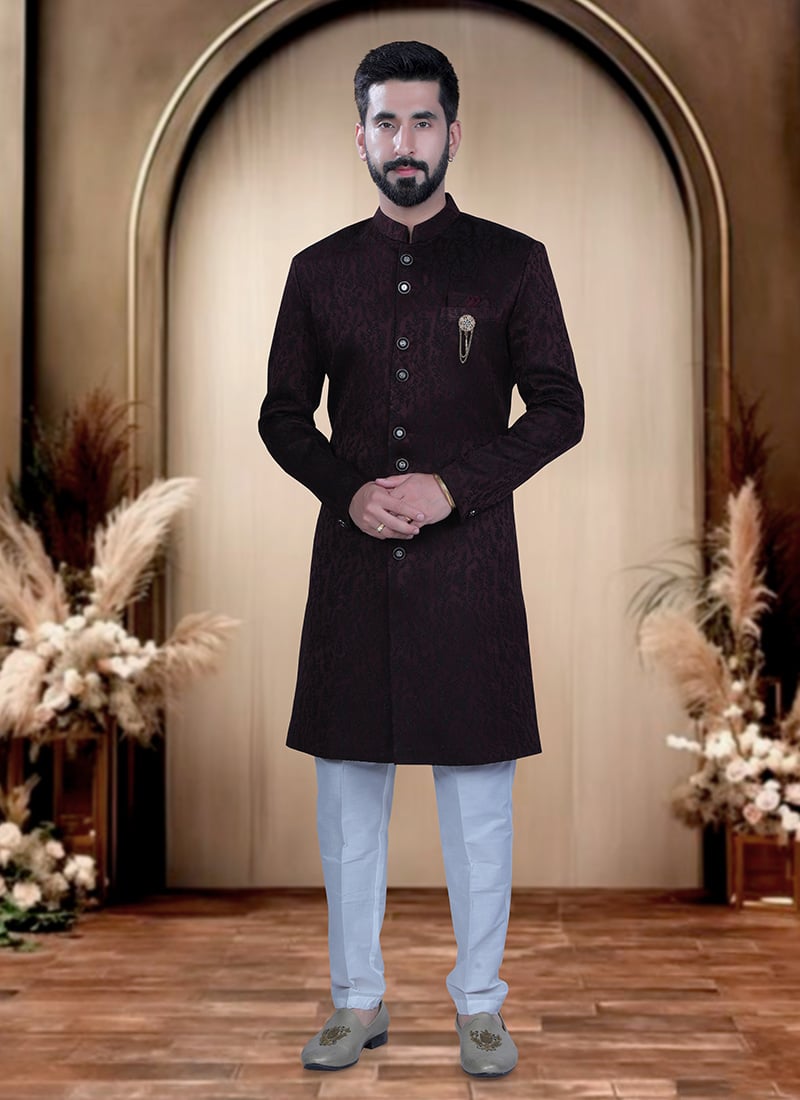 Maroon Satin Embroidered Indowestern Sherwani  For Men Wedding Wear