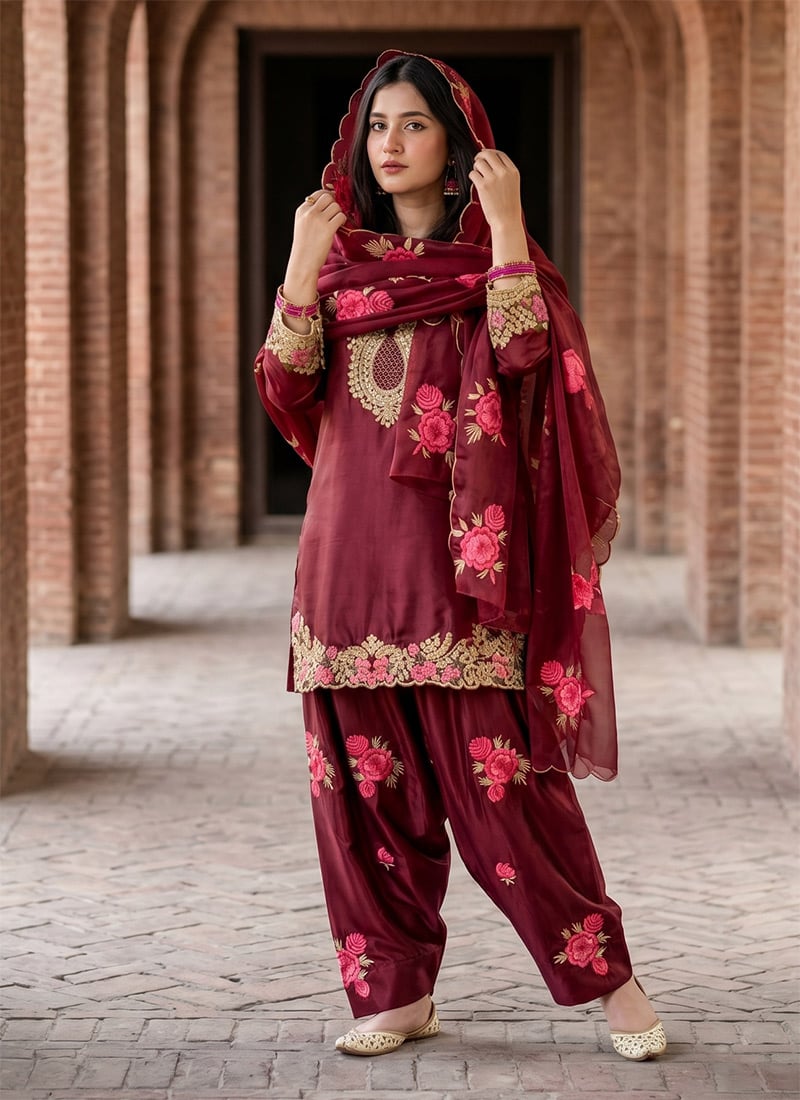 Maroon Satin Embroidered Salwar Suit After Six Wear