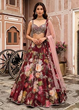 Maroon Satin Silk Cutdana Stone Beads Embroidered Digital Print Lehenga
