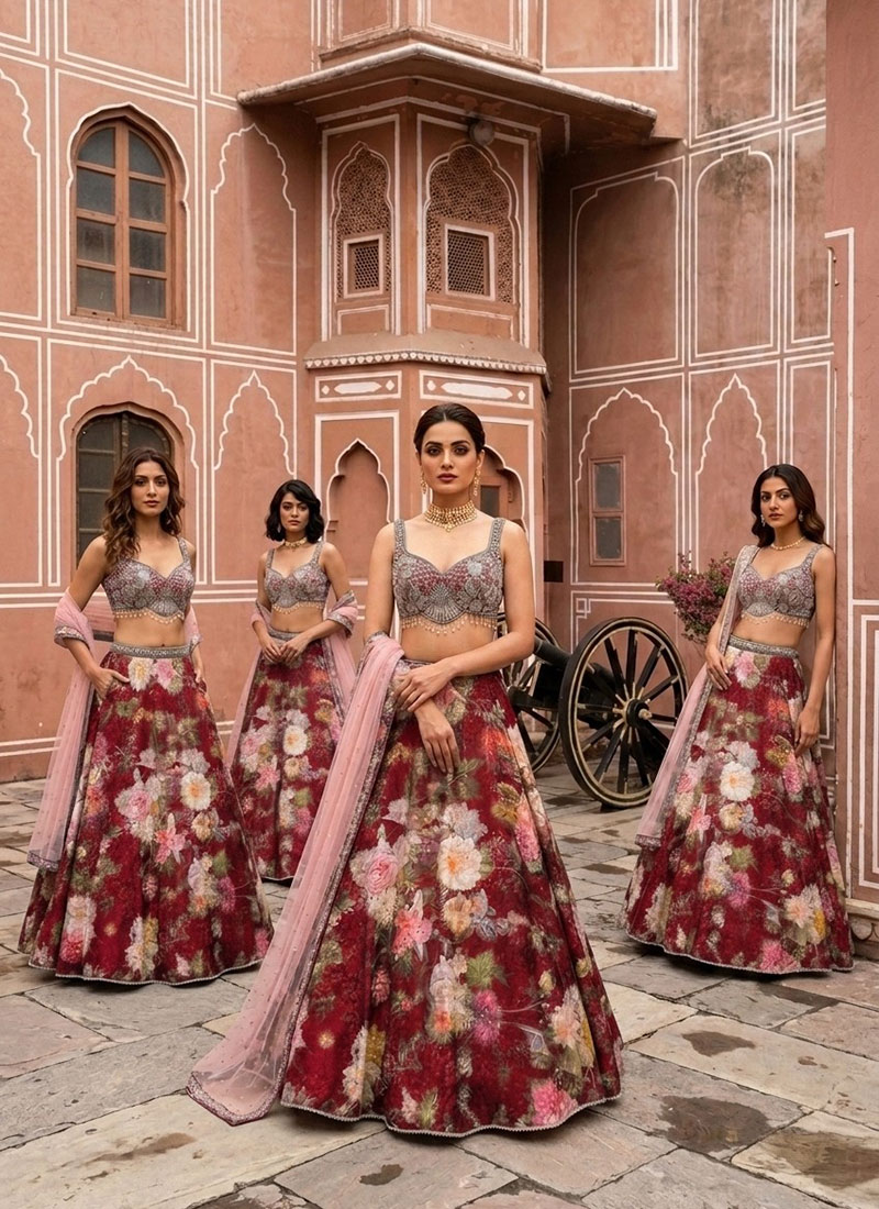 Maroon Satin Silk Cutdana Stone Beads Embroidered Digital Print Lehenga Wedding Wear
