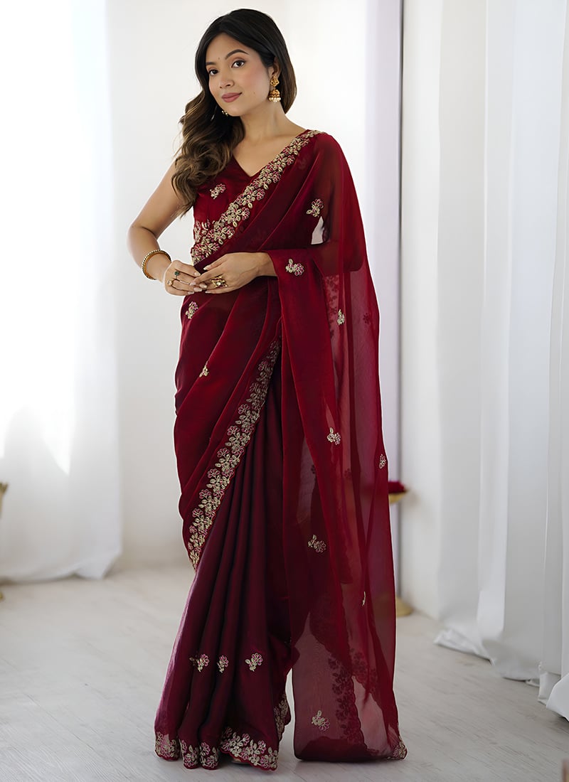 Maroon Satin Silk Embroidered Sequins Elegant Saree Festive Wear