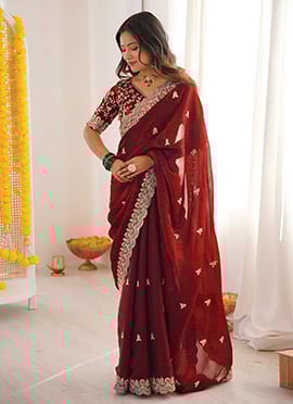 Maroon Satin Silk Embroidered Sequins Saree