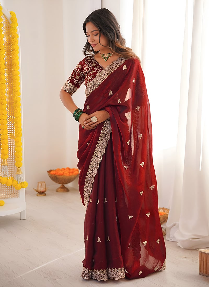 Maroon Satin Silk Embroidered Sequins Saree Festive Wear
