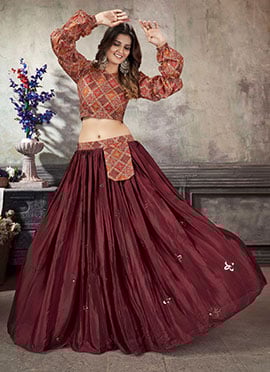 Maroon Satin Silk Embroidered Umbrella Lehenga