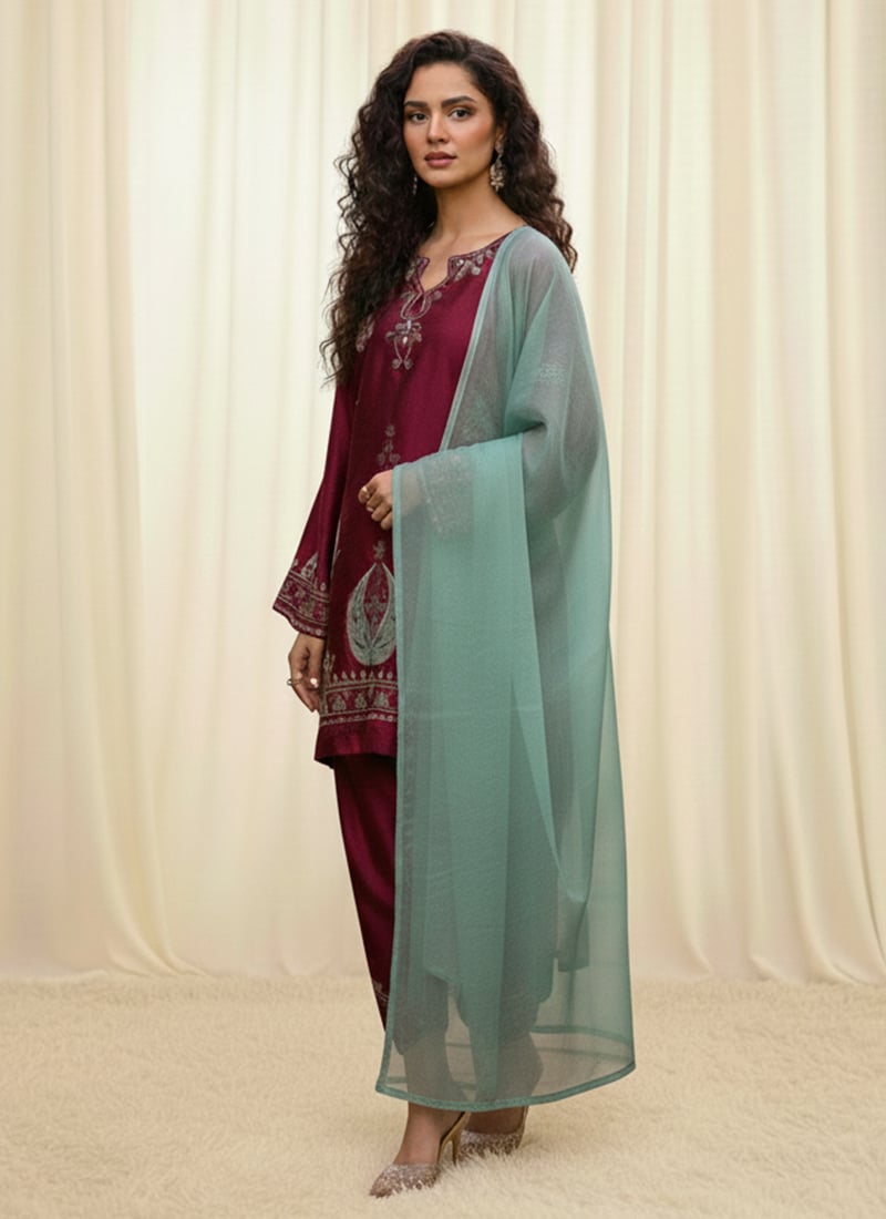 Maroon Satin Silk Resham Straight Pant Suit Festive Wear