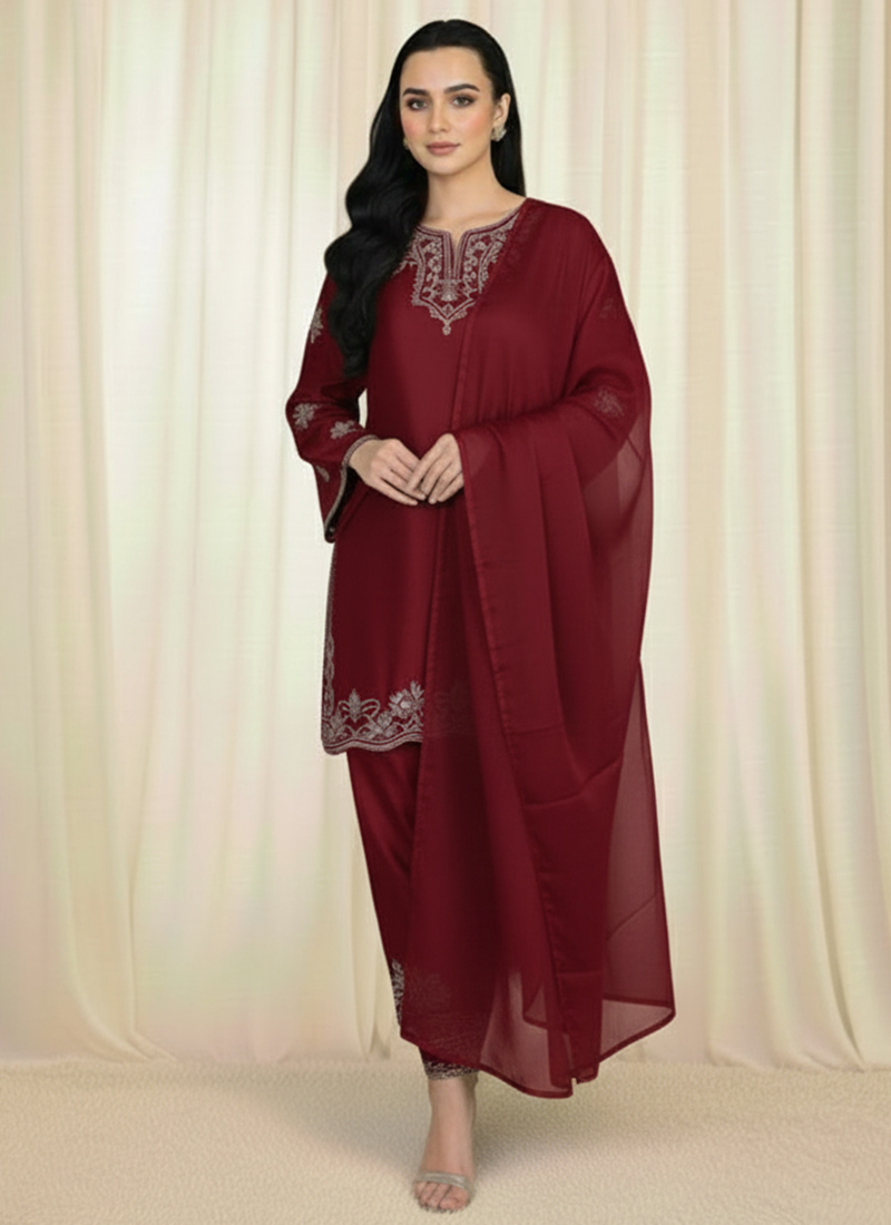Maroon Satin Silk Resham Straight Pant Suit Festive Wear