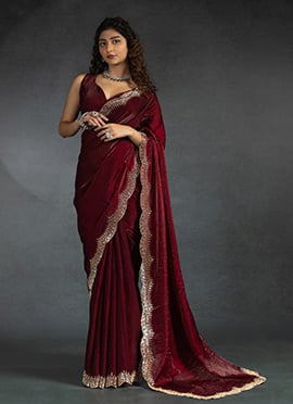Maroon Satin Silk Stones Work Saree