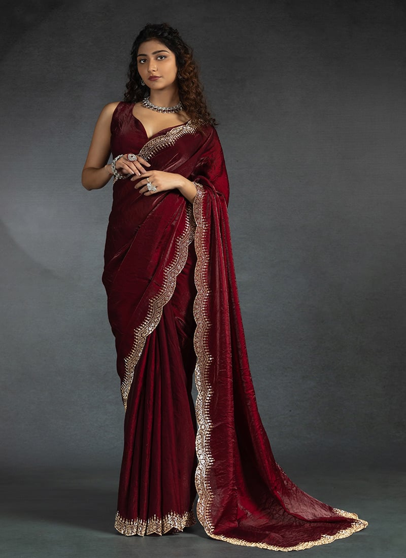 Maroon Satin Silk Stones Work Saree