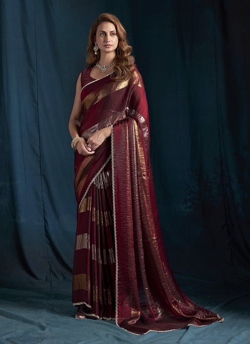 Maroon Satin Silk Tikki Work Saree After Six Wear