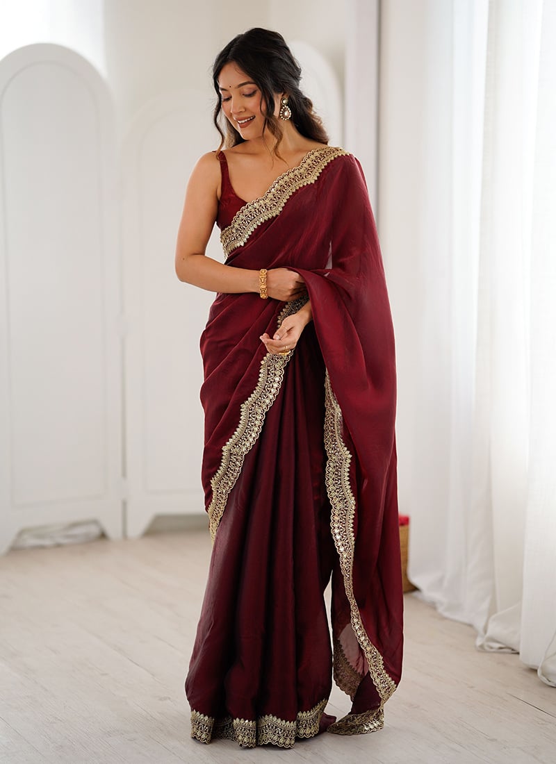 Maroon Satin Silk Zari Embroidered Sequins Saree After Six Wear