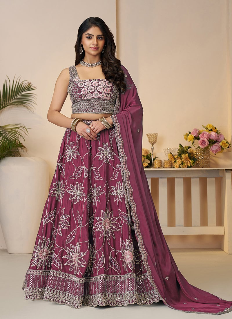 Maroon Satin Silk Zari Embroidered Sequins With Stone Work Lehenga Wedding Wear