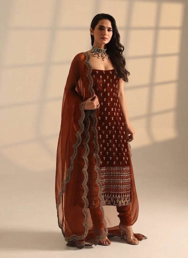 Maroon Satin Zari Embroidered Sequins Straight Pant Suit Festive Wear