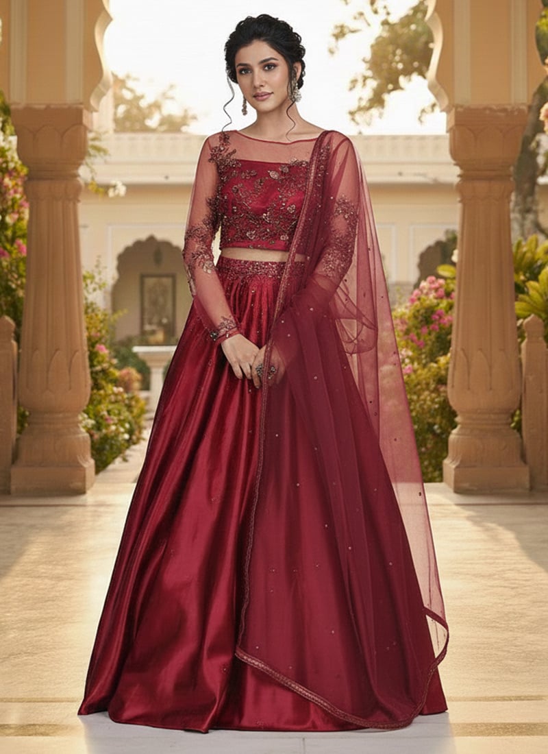 Maroon Satin Zari Sequins Lehenga