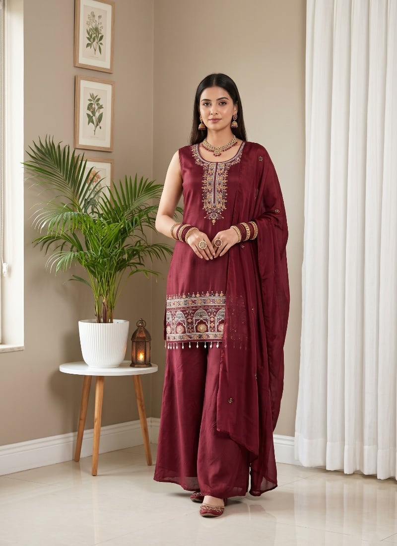 Maroon Sequins Embroidered Chinon Palazzo Suit After Six Wear