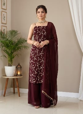 Maroon Sequins Embroidered Georgette Palazzo Suit