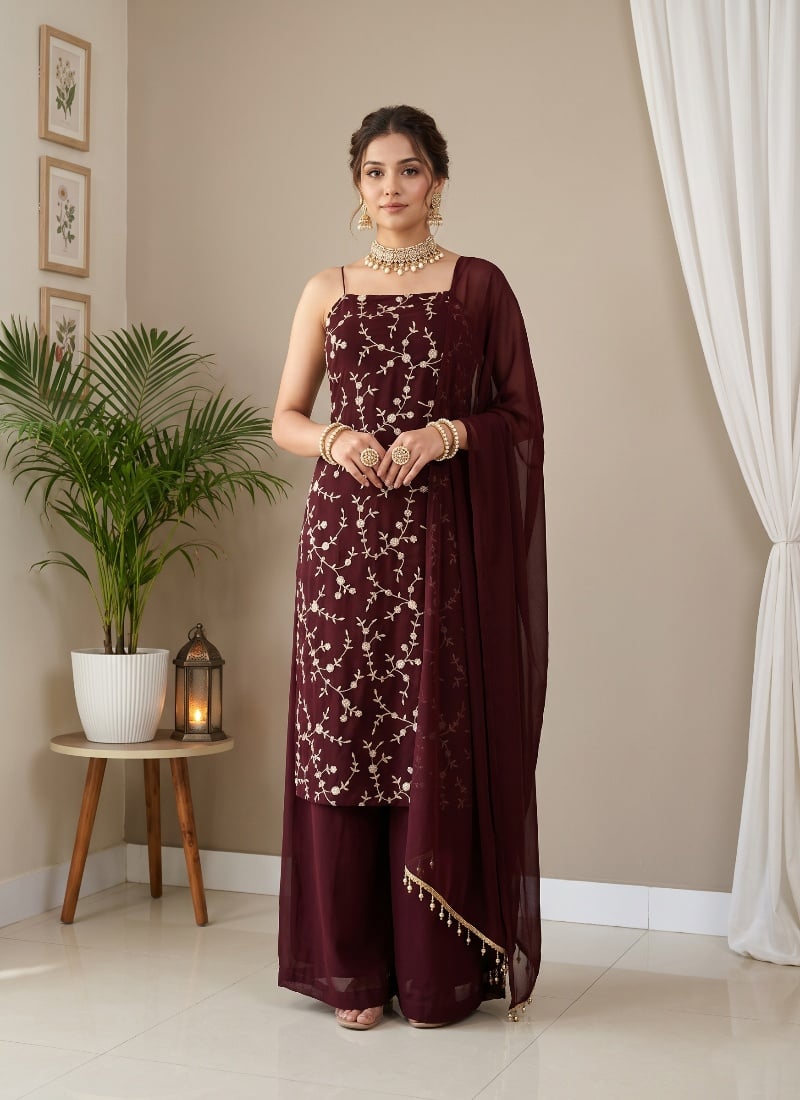 Maroon Sequins Embroidered Georgette Palazzo Suit After Six Wear