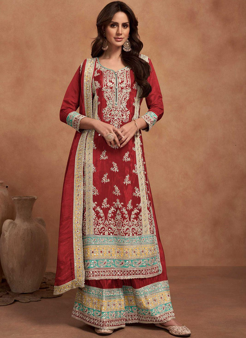 Maroon Shimmar Silk Embroidered Mirror Work Sequins Pakistani Palazzo Suit