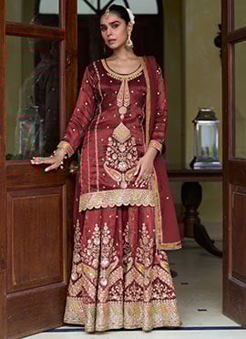 Maroon Shimmer Silk Embroidered Zari Sequins Sharara Suit
