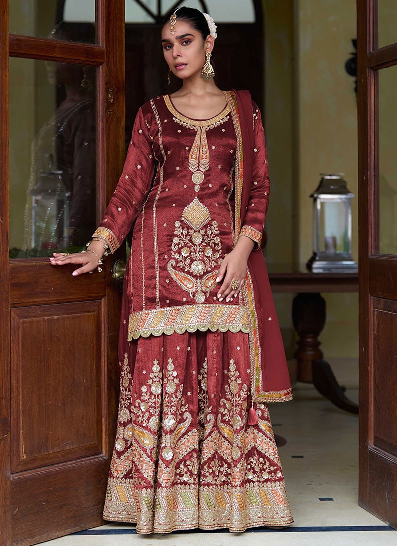 Maroon Shimmer Silk Embroidered Zari Sequins Sharara Suit