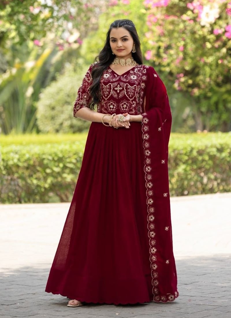 Maroon Shimmer Vichitra Embroidered Sequins Anarkali Suit