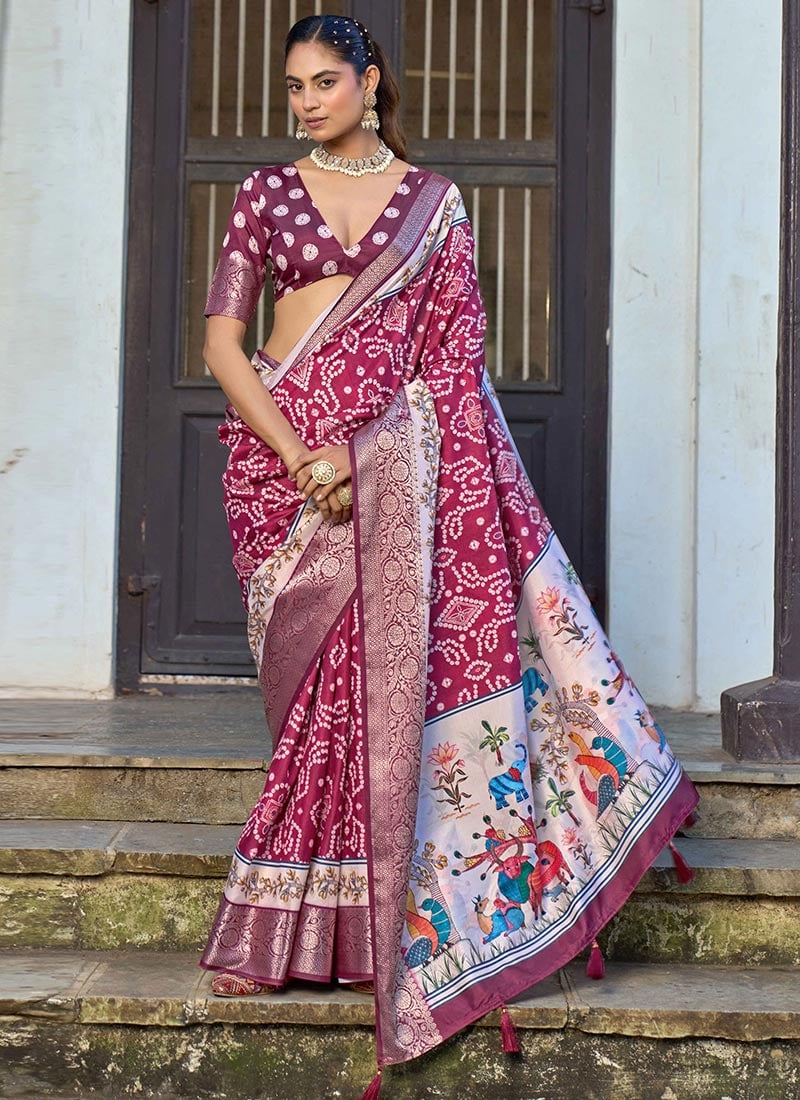 Maroon Silk Bandhini Ajrakh Print Saree
