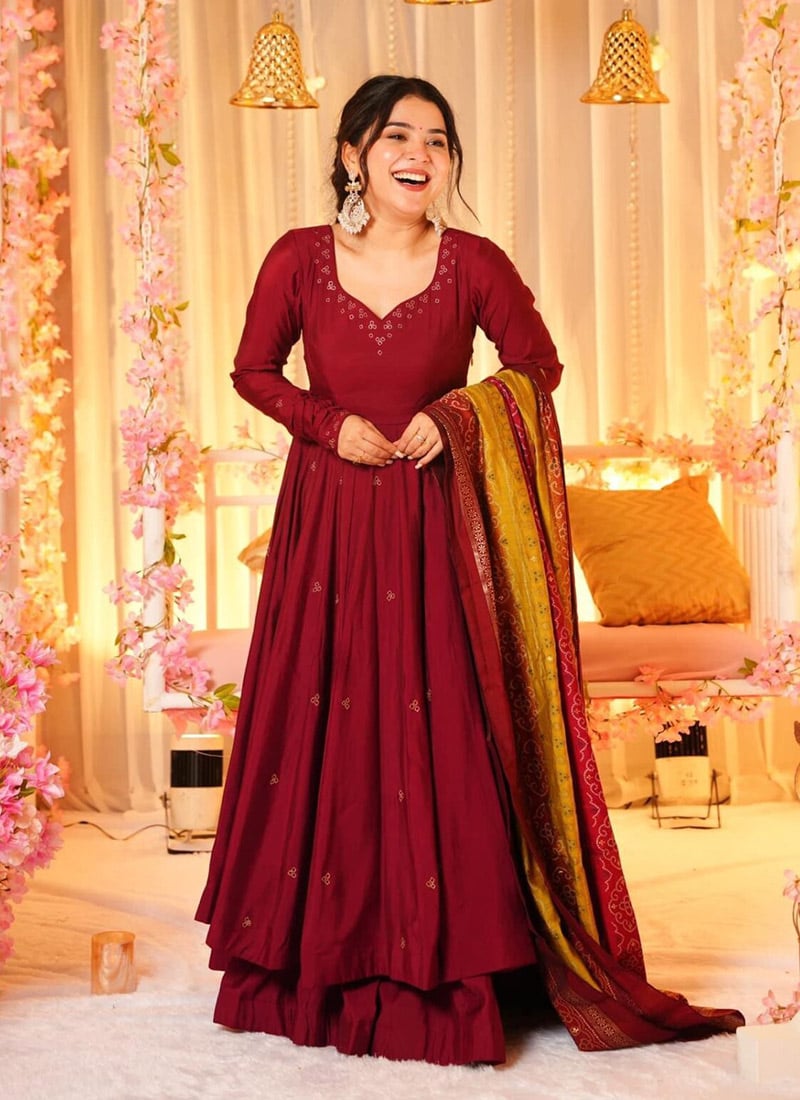 Maroon Silk Bandhini Print Anarkali Suit Festive Wear
