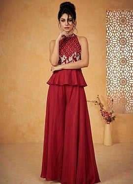 Maroon Silk Beaded Hand Embroidered Indowestern Peplum Palazzo Suit