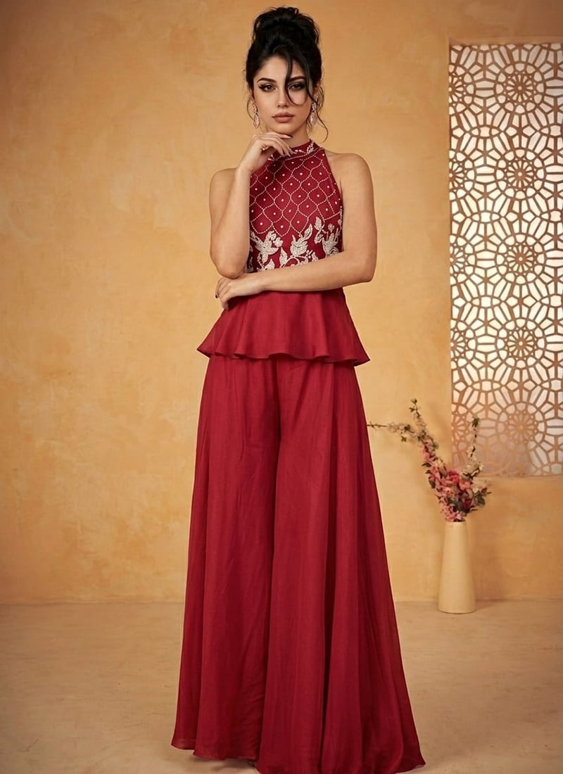 Maroon Silk Beaded Hand Embroidered Indowestern Peplum Palazzo Suit Wedding Wear