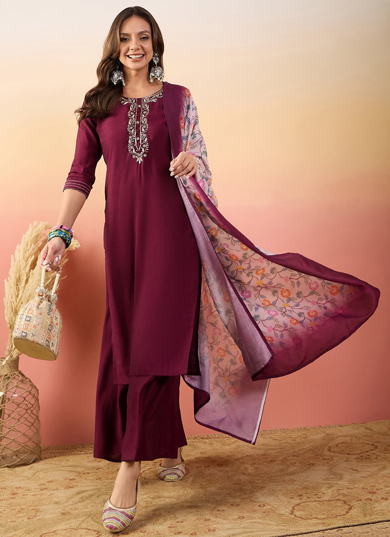 Maroon Silk Beads Embroidered Digital Print Palazzo Suit Festive Wear