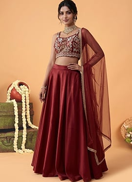Maroon Silk Beads Embroidered Sequins Cutdana Hand Embroidery Lehenga