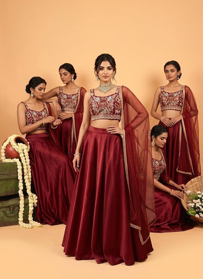 Maroon Silk Beads Embroidered Sequins Cutdana Hand Embroidery Lehenga Wedding Wear