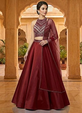Maroon Silk Beads Stones Hand Embroidered Lehenga