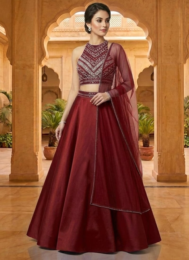 Maroon Silk Beads Stones Hand Embroidered Lehenga Wedding Wear