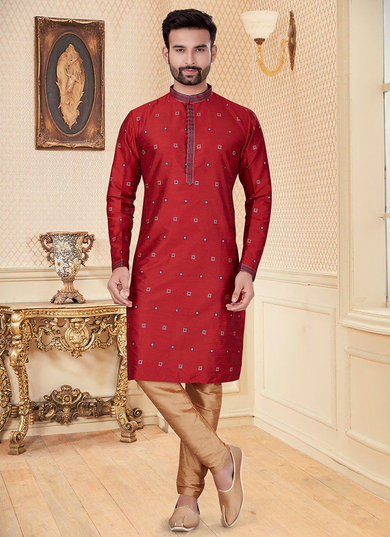 Maroon Silk Booti Kurta Pyjama Party Wear