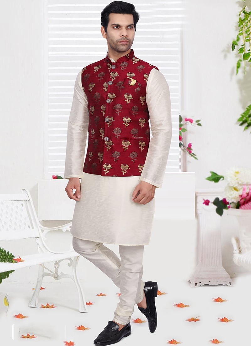 Maroon Silk Brocade Bandhgala Jacket