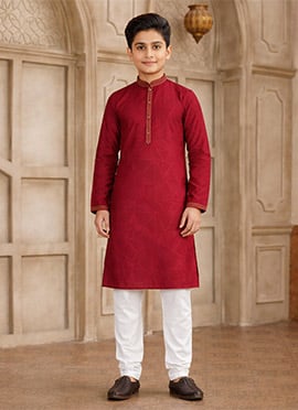Maroon Silk Brocade Kids Boys Kurta Pyjama
