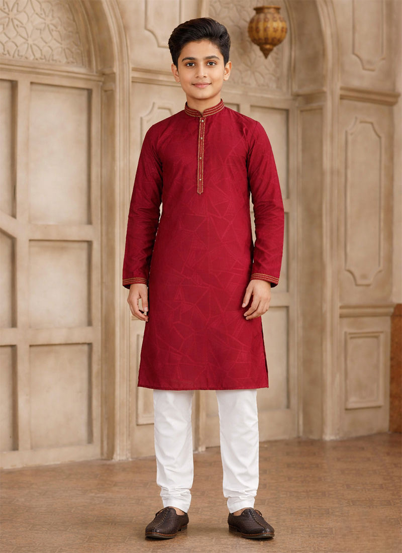 Maroon Silk Brocade Kids Boys Kurta Pyjama Festive Wear