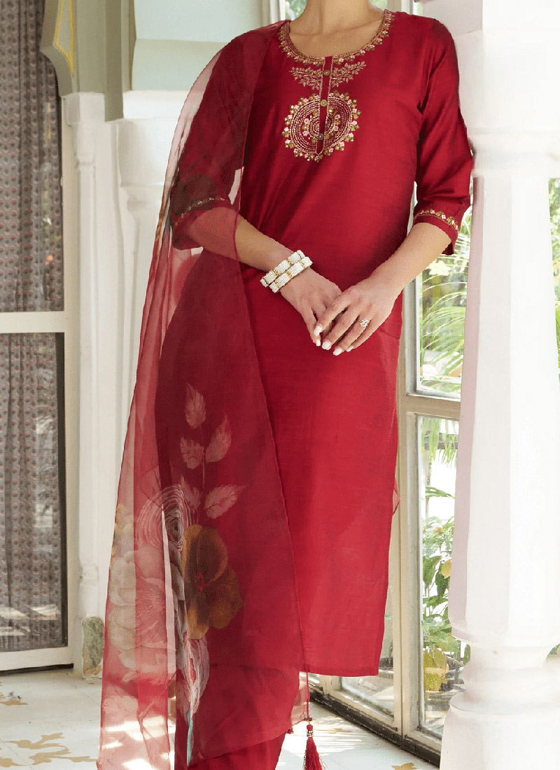 Maroon Classy Designer Semi-Stitched Pant Suit With Embroidery Work