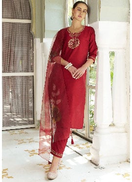 Maroon Silk Cotton Embroidered Straight Pant Suit
