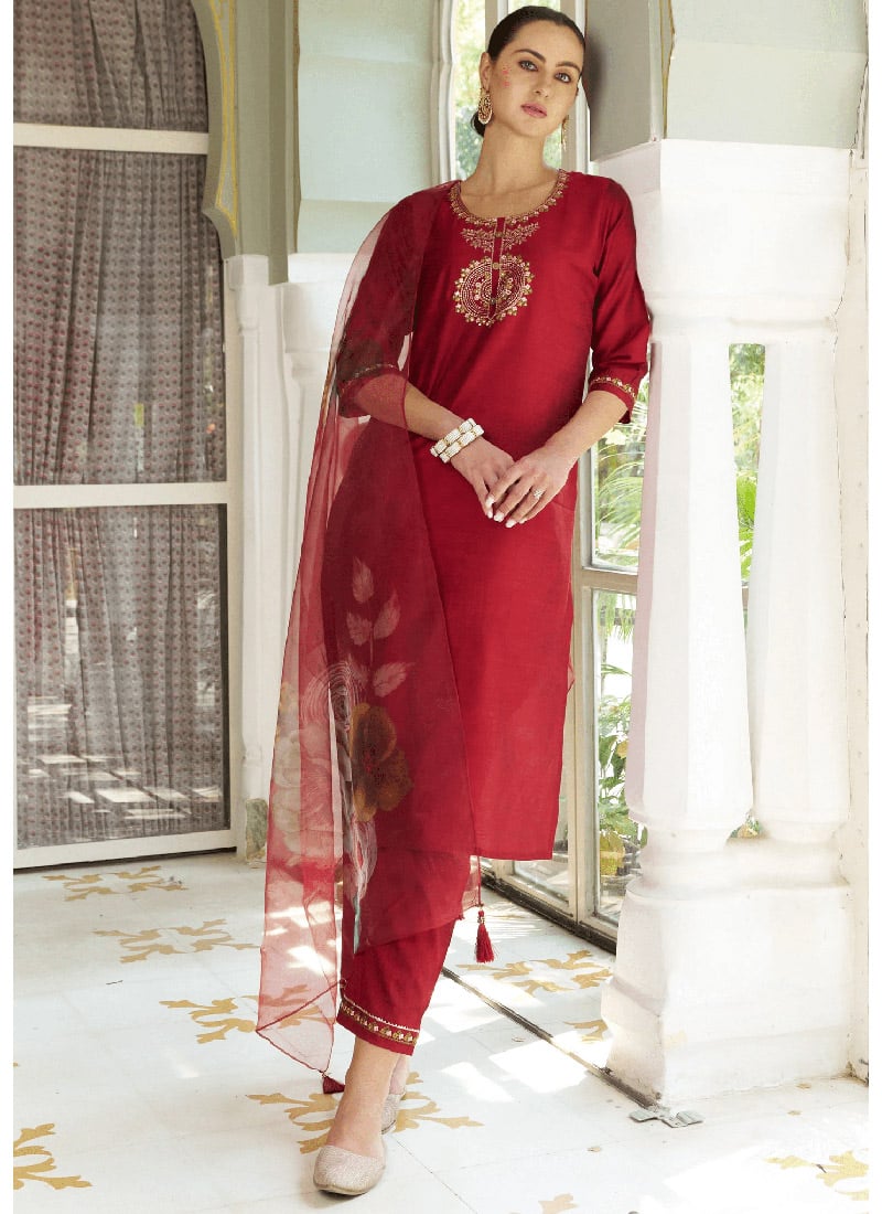 Maroon Silk Cotton Embroidered Straight Pant Suit After Six Wear