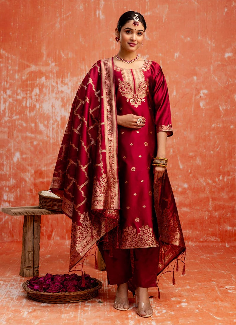 Maroon Silk Cotton Jacquard Straight Pant Suit