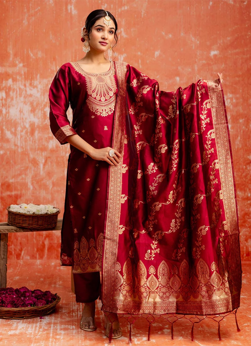 Maroon Silk Cotton Jacquard Straight Pant Suit