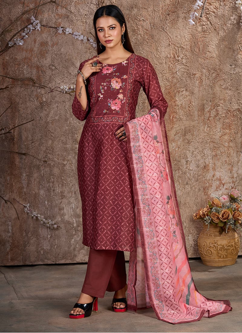 Maroon Silk Cotton Printed Bhai Duj Special Straight Pant Suit With Sequins Festive Wear