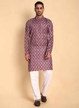 Maroon Silk Cotton Printed Kurta Pyjama