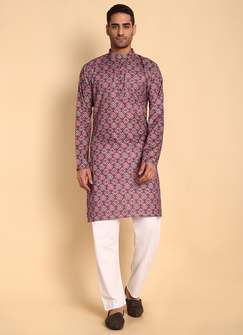 Maroon Silk Cotton Printed Kurta Pyjama Festive Wear